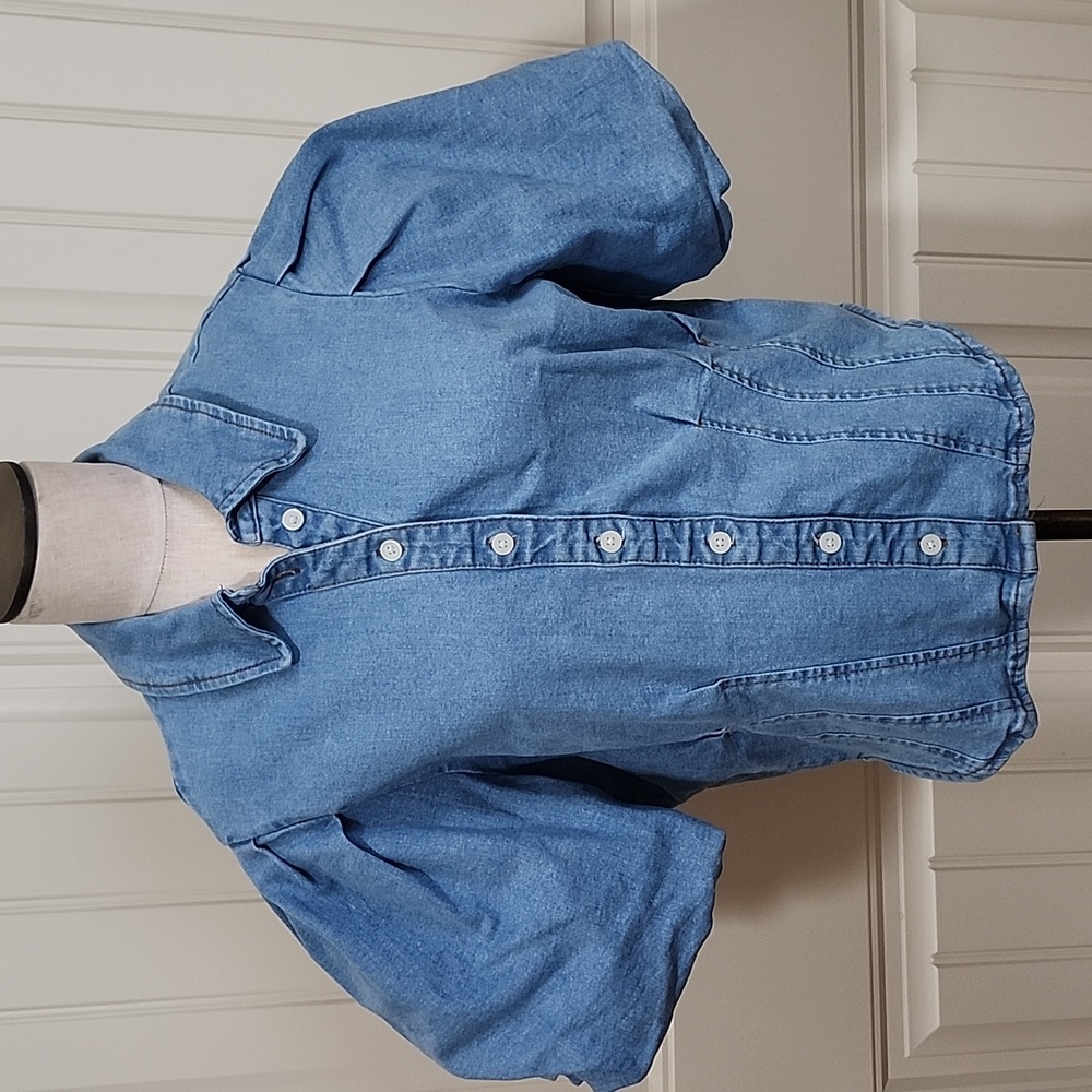 Bagatelle Collection Chambray Denim Puff Sleeve Button Front Blouse